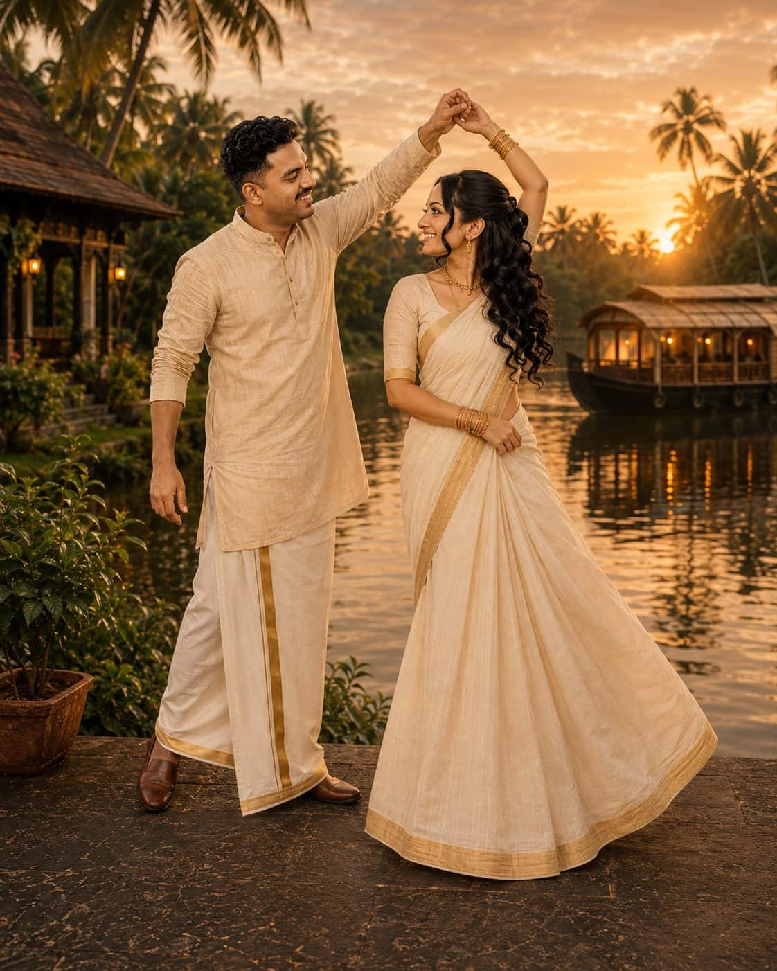 A couple in cream and gold, hand in hand on a Kerala backwater terrace at sunset