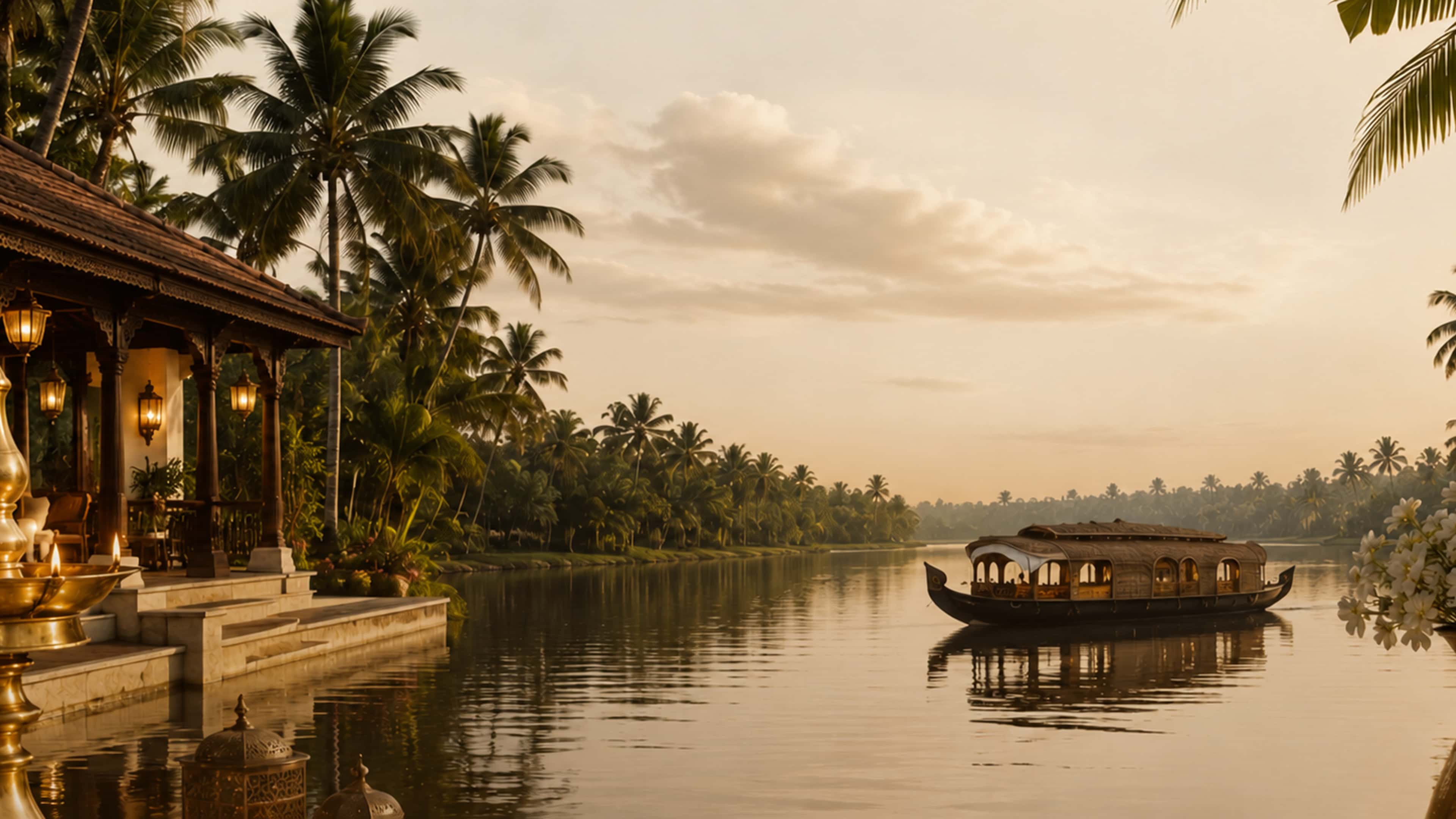A Kerala backwater at golden hour. A brass lamp burns on a waterside terrace under coconut palms, with a houseboat on the still water and jasmine in a brass urn.