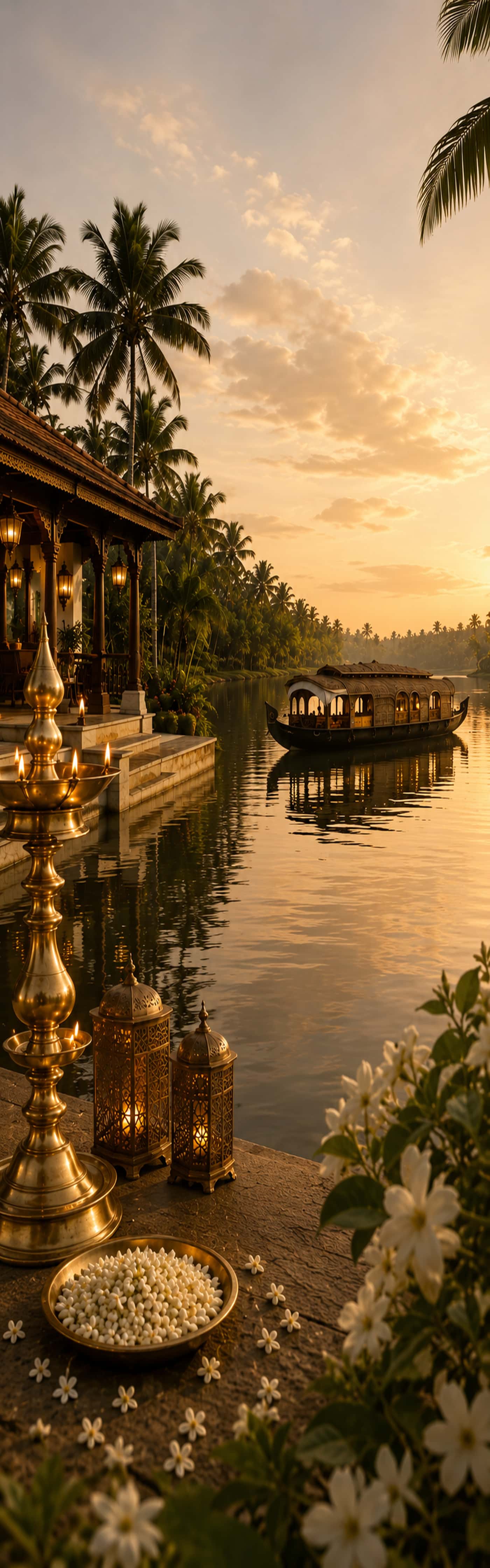 A Kerala backwater at golden hour. A lit brass lamp stands on a waterside terrace, with a houseboat on the still water beyond.